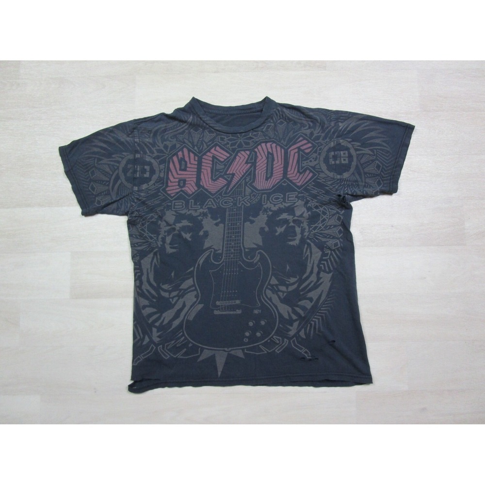 ACDC Band T Shirt (S/M) All Over Print Vintage Y2K Black Ice Graphic Trashed